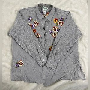 Quacker Factory Button Up Shirt Blouse Size 1X Striped Embroidered Floral